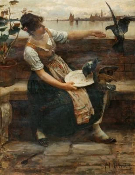 Ragazza che dà da mangiare ai piccioni nella laguna di Venezia